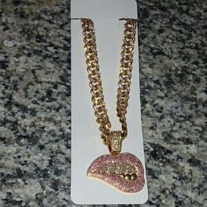 Pink Lips Queen Gold-Tone Cuban Chain Necklace with Pink Pave Lip Pendant 18inch